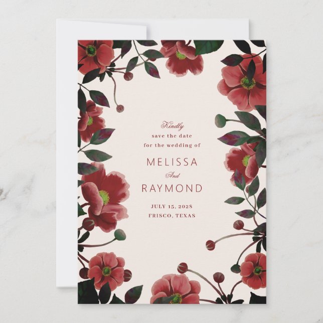Elegant Red floral save the date card (Front)
