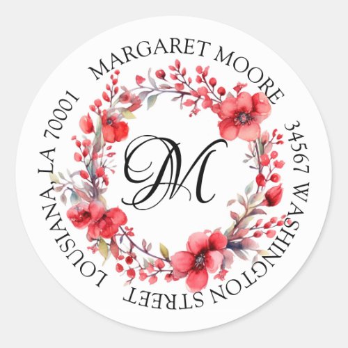 Elegant Red Floral Script Monogram Address Classic Round Sticker