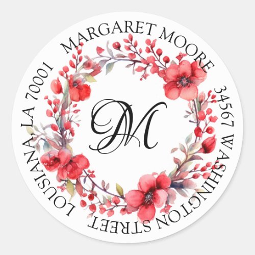 Elegant Red Floral Script Monogram Address Classic Round Sticker