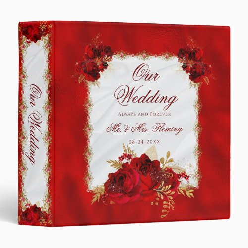 Elegant Red Floral Script Wedding Memories 3 Ring Binder
