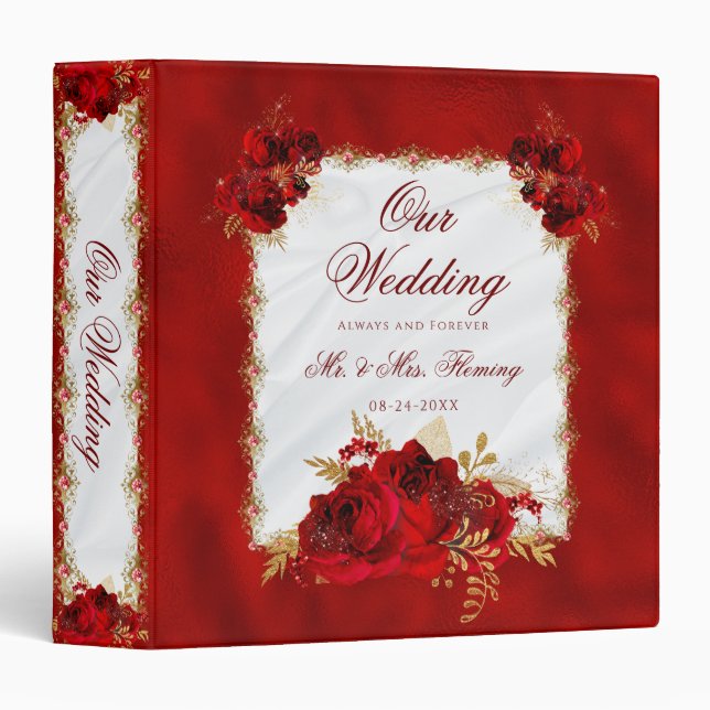 Elegant Red Floral Script Wedding Memories 3 Ring Binder (Front/Spine)