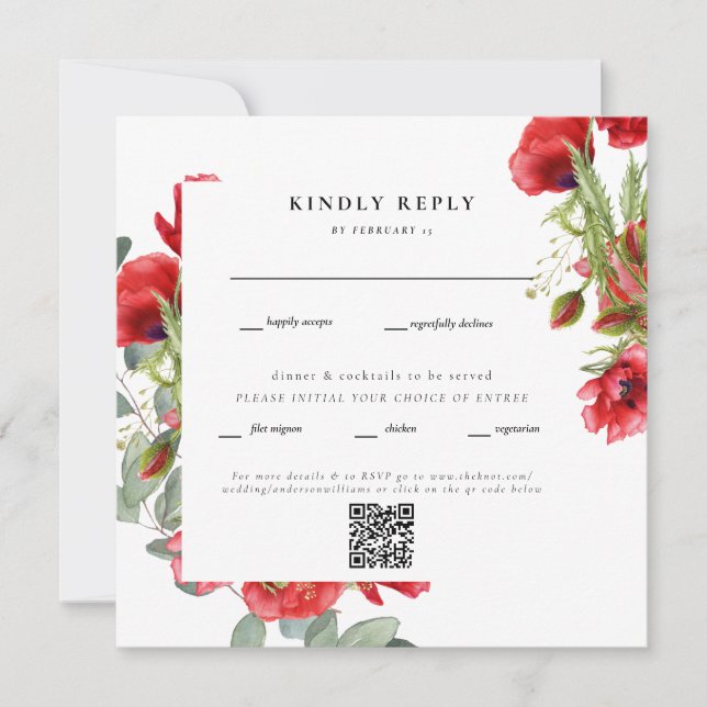 Elegant Red Floral Square Wedding QR Code RSVP (Front)