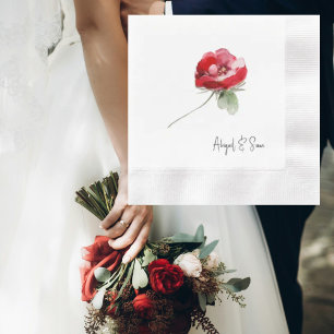 Elegant Red Floral Stem Personalized Wedding Napkins