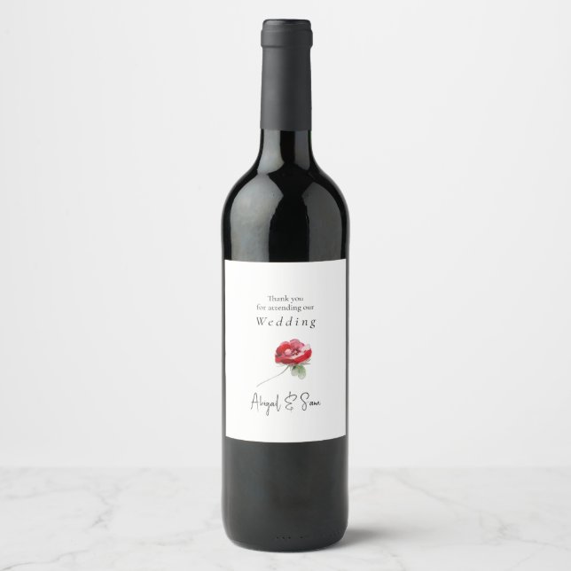 Elegant Red Floral Stem Personalized Wedding Wine Label (Front)