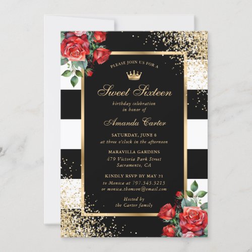 Elegant Red Floral Sweet Sixteen Birthday Invitation