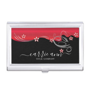 Elegant Red Floral Swirl Personalize Business Card Case