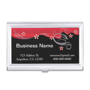Elegant Red Floral Swirls Personalize Business Card Case
