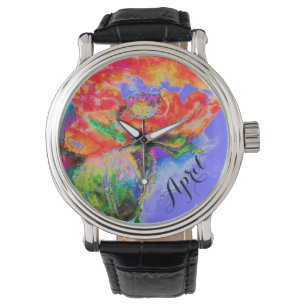 Elegant red floral watercolor abstract poppy   watch