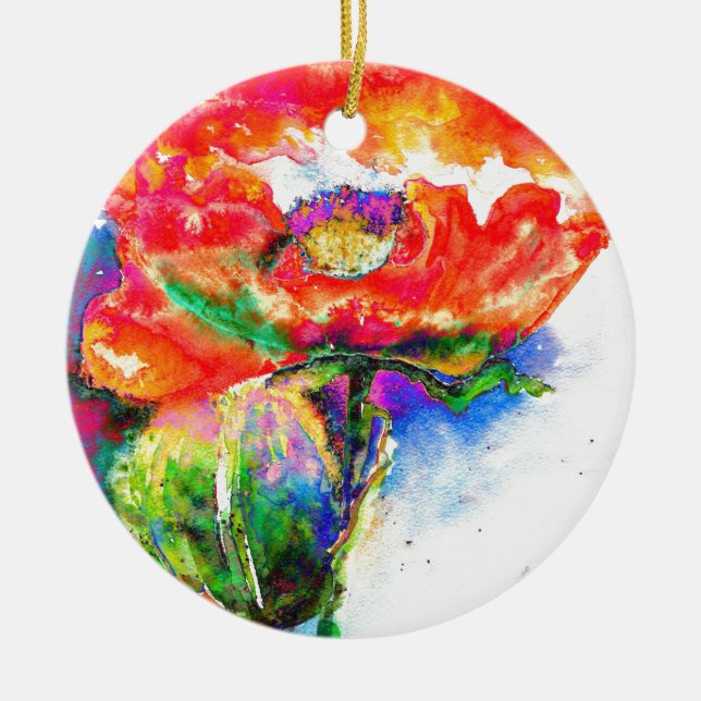 Elegant red floral watercolor painting ceramic ornament (Front)