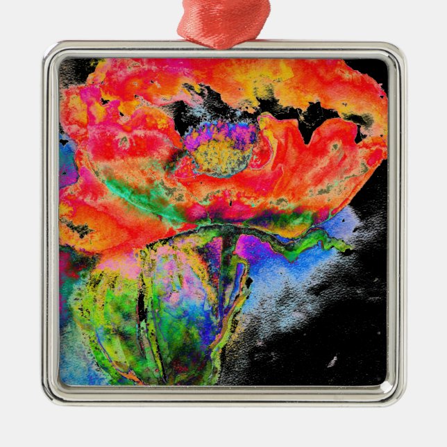 Elegant red floral watercolor painting metal ornament (Front)