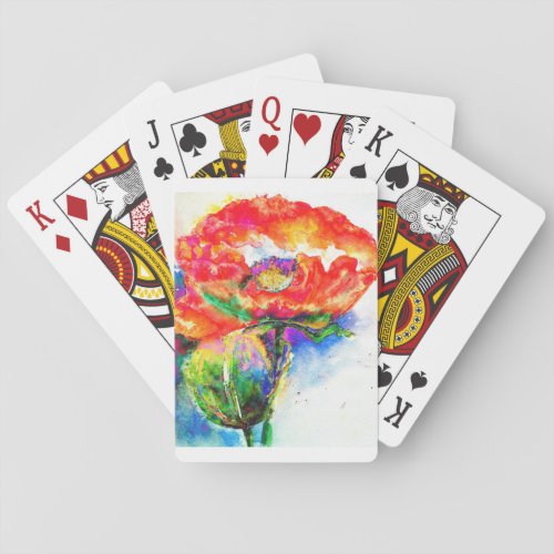 Elegant red floral watercolor painting poker cards