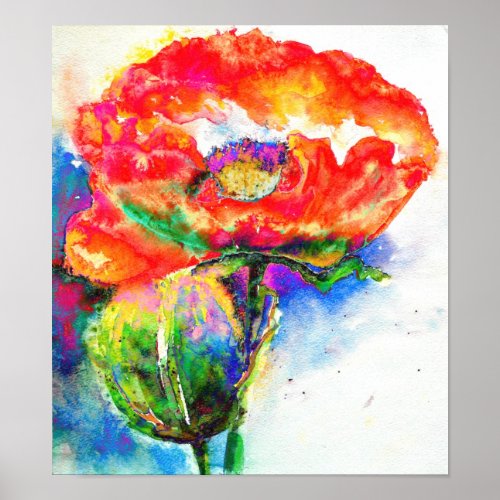 Elegant red floral watercolor painting poster