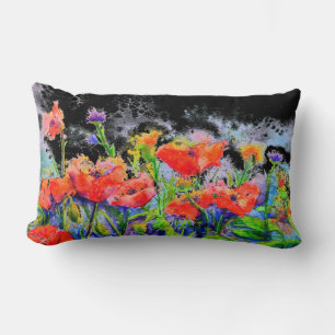 Elegant red floral watercolor painting red poppies lumbar pillow