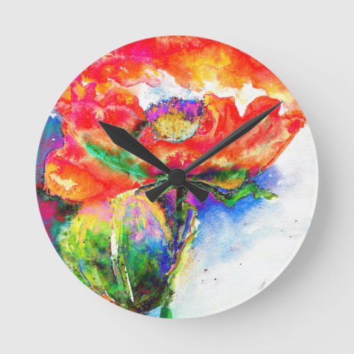 Elegant red floral watercolor painting round clock
