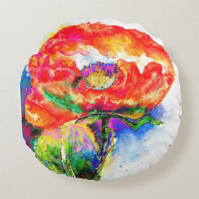 Elegant red floral watercolor painting round pillow (Front)