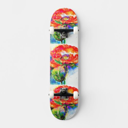 Elegant red floral watercolor painting skateboard deck