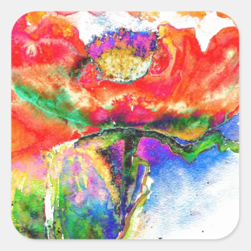 Elegant red floral watercolor painting square sticker