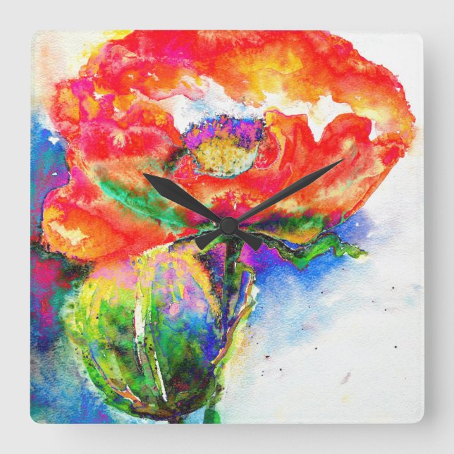 Elegant red floral watercolor painting square wall clock (Front)