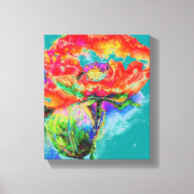 Elegant red floral watercolor painting teal canvas print (Front)