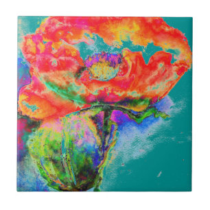 Elegant red floral watercolor painting teal ceramic tile