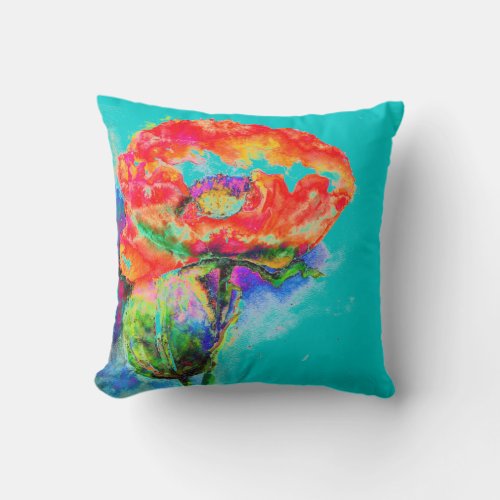 Elegant red floral watercolor painting teal throw pillow