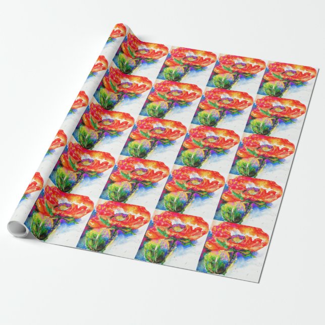 Elegant red floral watercolor painting wrapping paper (Unrolled)