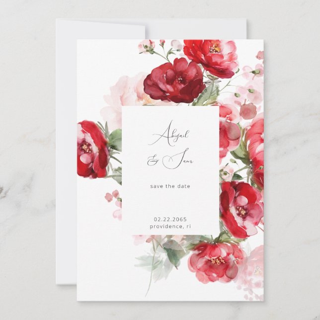 Elegant  Red Floral Wedding Save the Date (Front)
