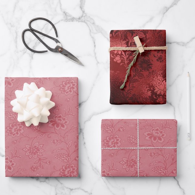 Elegant Red Floral Wedding Wrapping Paper Sheets (Front)
