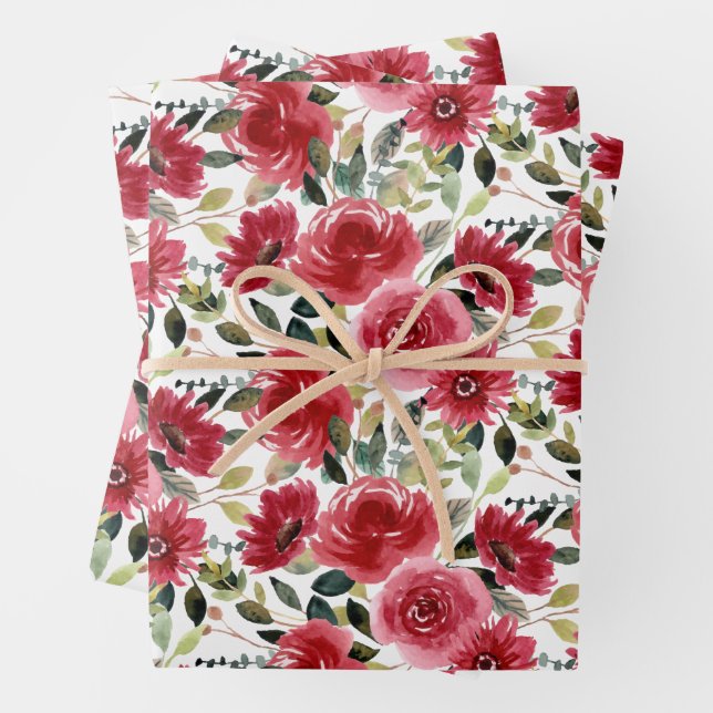 Elegant Red Floral Wrapping Paper Sheets (In situ)