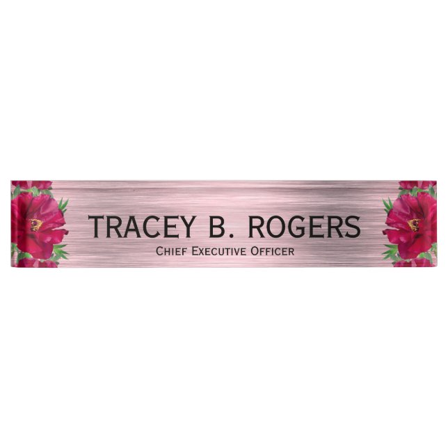 Elegant Red Flower Pink Chief Financial Officer De Desk Name Plate (Front)