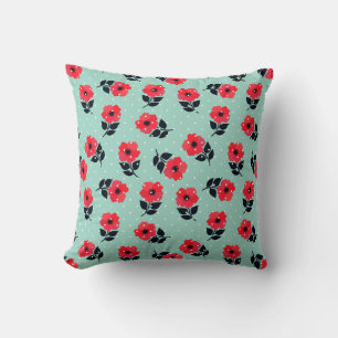 Elegant Red Flowers Aqua Blue Polka Dots Pattern Throw Pillow