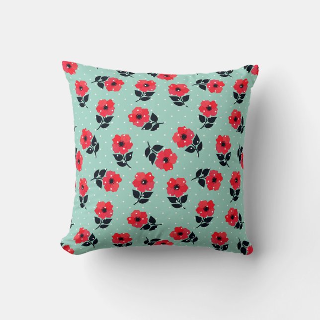 Elegant Red Flowers Aqua Blue Polka Dots Pattern Throw Pillow (Front)