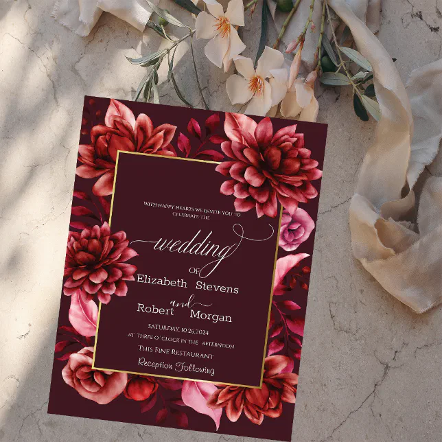 Elegant Red Flowers Frame Wedding Invitation | Zazzle
