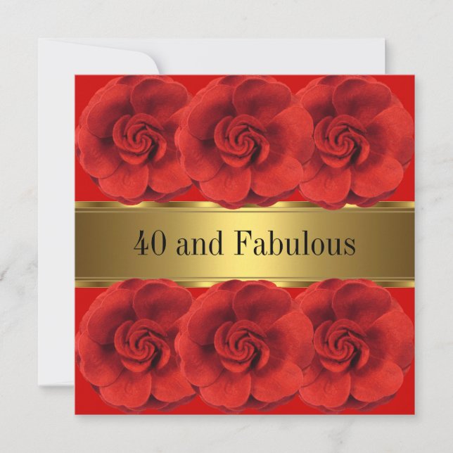 Elegant Red Flowers Gold Fabulous 40th Invitation (Front)