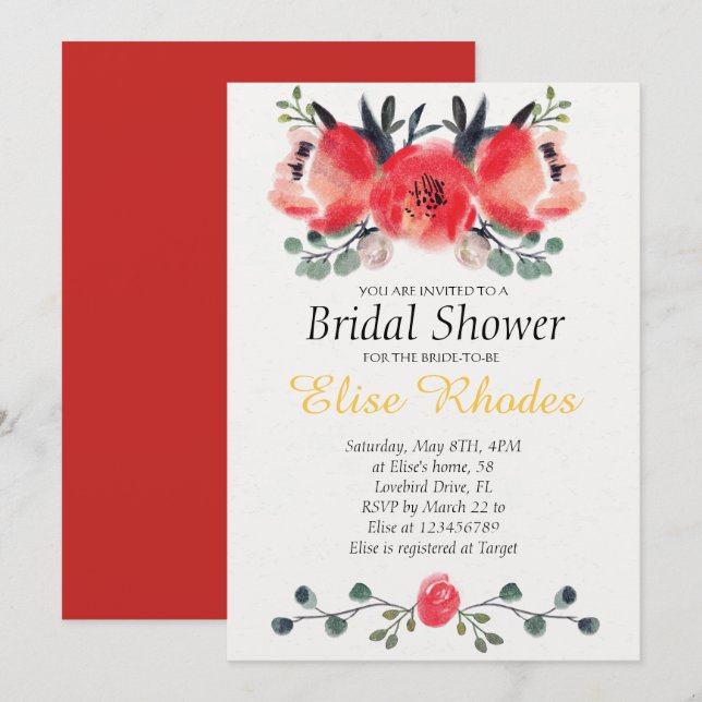 Elegant Red flowers watercolor bridal shower Invitation (Front/Back)