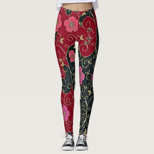 Elegant Red Flowers With Gold Leaves And Swirls Leggings