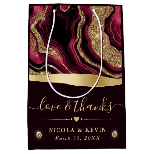 Elegant Red Foil and Gold Glitter Agate Wedding Medium Gift Bag