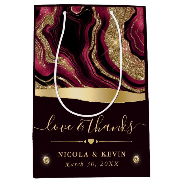 Elegant Red Foil and Gold Glitter Agate Wedding Medium Gift Bag (Front)
