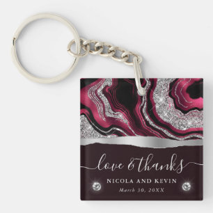 Elegant Red Foil and Silver Glitter Agate Wedding Keychain