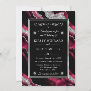Elegant Red Foil & Silver Glitter Agate Wedding Invitation