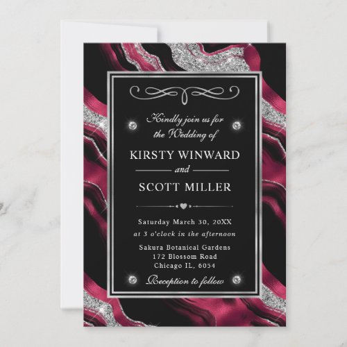 Elegant Red Foil  Silver Glitter Agate Wedding Invitation