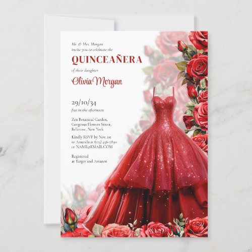 Elegant red formal long dress watercolor roses lux invitation