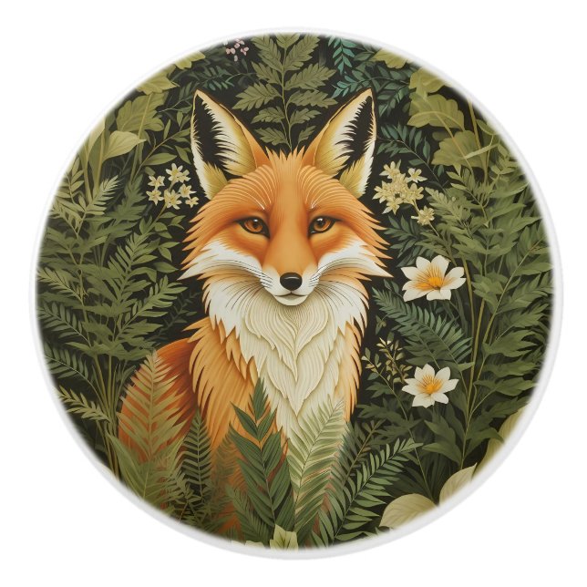 Elegant Red Fox And Green Foliage Ceramic Knob (Front)