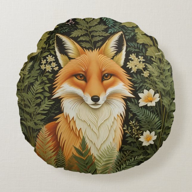 Elegant Red Fox And Green Foliage Round Pillow (Front)