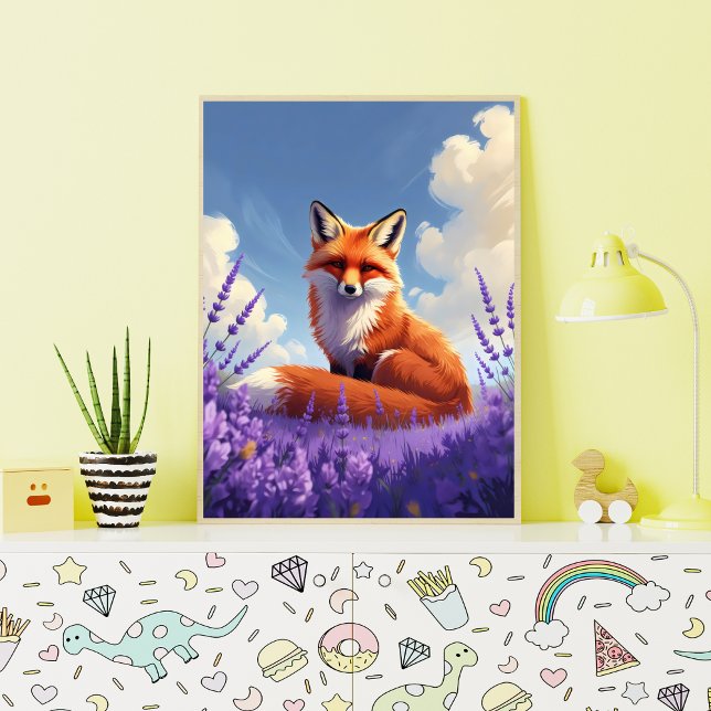 Elegant Red Fox In A Vibrant Lavender Field Poster (Fox in Lavender Field Art | Relaxing Home Decor)