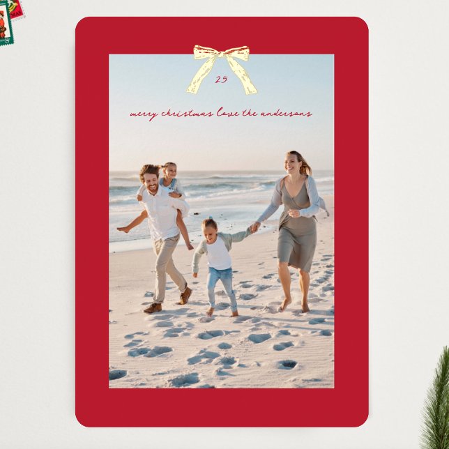 Elegant Red Frame Christmas Gold Bow Photo Foil Holiday Card (Creator Uploaded)