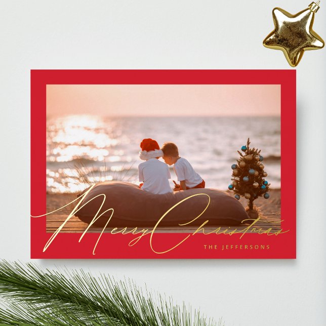 Elegant Red Frame & Gold Merry Christmas Photo Foil Holiday Card (Creator Uploaded)