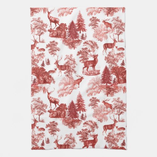 Elegant Red French Toile Deer in Woodland Kitchen Towel