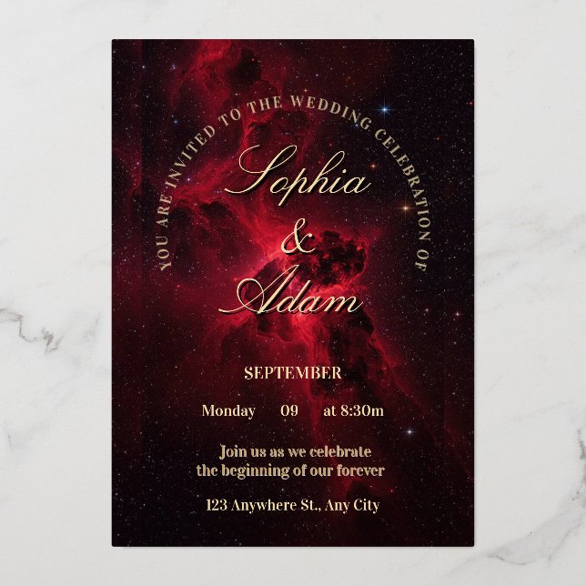 Elegant Red Galaxy Wedding Invitation Foil Invitation (Front)