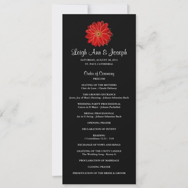 Elegant Red Gerber Daisy Wedding Program (Front)